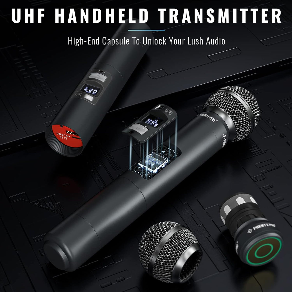 Phenyx Pro Quad Channel draadloos microfoonsysteem, 4 handheld draadloze microfoons, 4 x 40 kanalen, auto scan, bereik 100 meter, ideaal voor zang, kerk, karaoke (PTU-7000-4H)