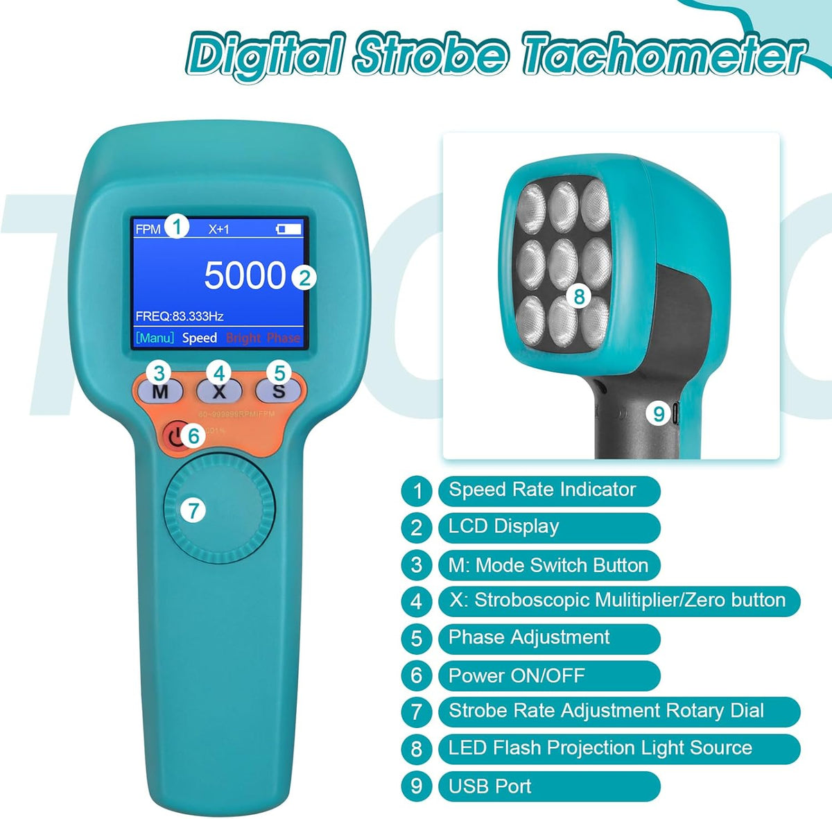 Digitale Handstroboscoop 60-99999 FPM, Contactloze LED-stroboscoop YF-DT100B, 1500 lux Stroboscoop-toerenteller met Full-color LCD-scherm, Stroboscopische Snelheidsmeter met 2200 mAh Batterij
