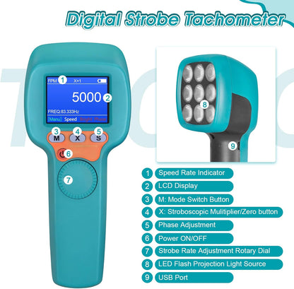 Digitale Handstroboscoop 60-99999 FPM, Contactloze LED-stroboscoop YF-DT100B, 1500 lux Stroboscoop-toerenteller met Full-color LCD-scherm, Stroboscopische Snelheidsmeter met 2200 mAh Batterij