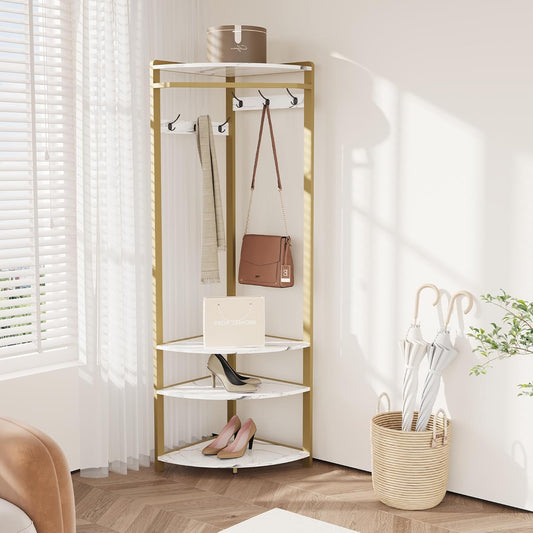 Coat Rack Corner Wardrobe Metal with 6 Double Hooks Storage Rack Shoe Rack Open Clothes Stand Hallway Rack Space Saving Industrial Design for Hallway, Living Room, Bedroom, Office, Gold - QUORE