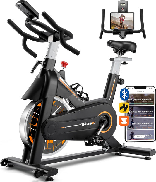 Hometrainer – Fitnessfiets – Binnenfiets – Spinbike – Fiets – Stille Riemaandrijving – Zwaar Vliegwiel – Verstelbaar Zadel – Digitaal Display – Zwart Oranje - QUORE