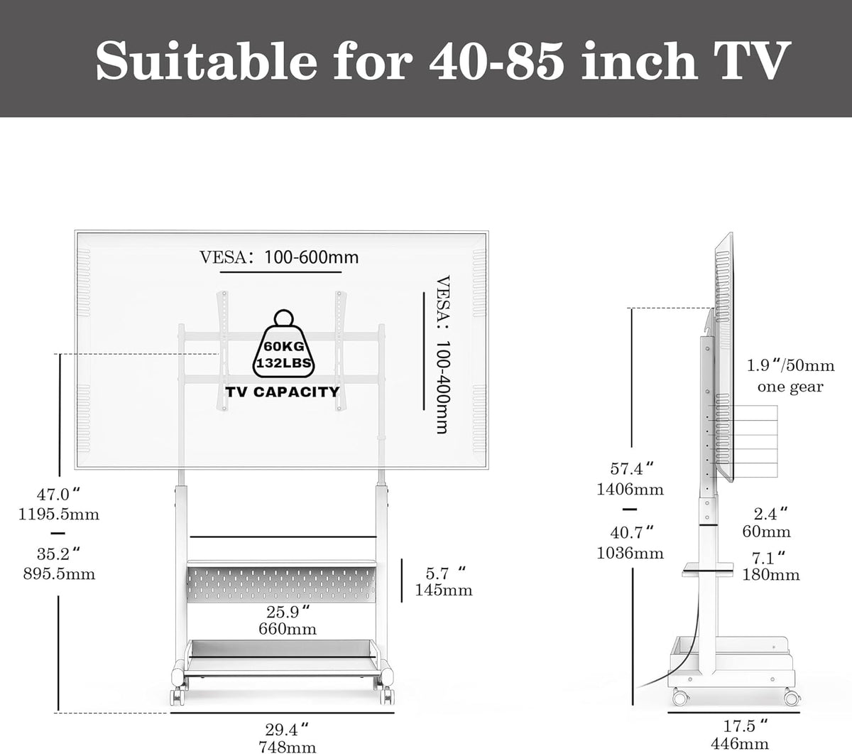 FITUEYES tv standaard verrijdbaar met hout-voet voor 40-85 inch, Hoogte verstelbaar vloer tv stand trolley wheel, universal vloerstandaard op wielen Max VESA 600x400mm houd 60kg