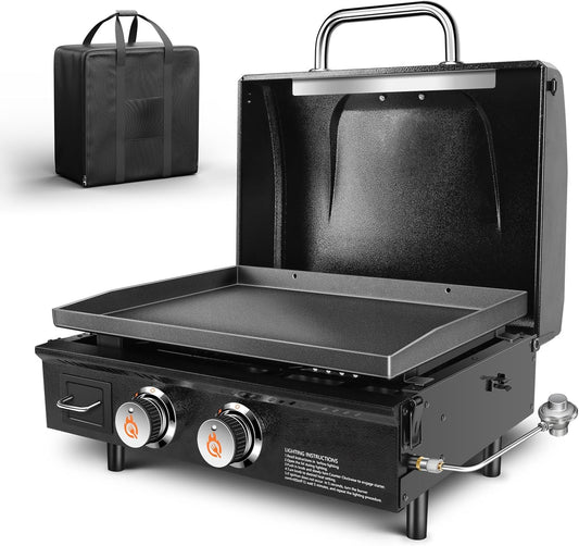 GFTIME Tafelgrill Griddle 2 branders met kap, plancha gasgrill met platte bovenkant, Griddle propaangrill met draagtas, 22 inch, 48.000 BTU, keramische grillplaat met antiaanbaklaag