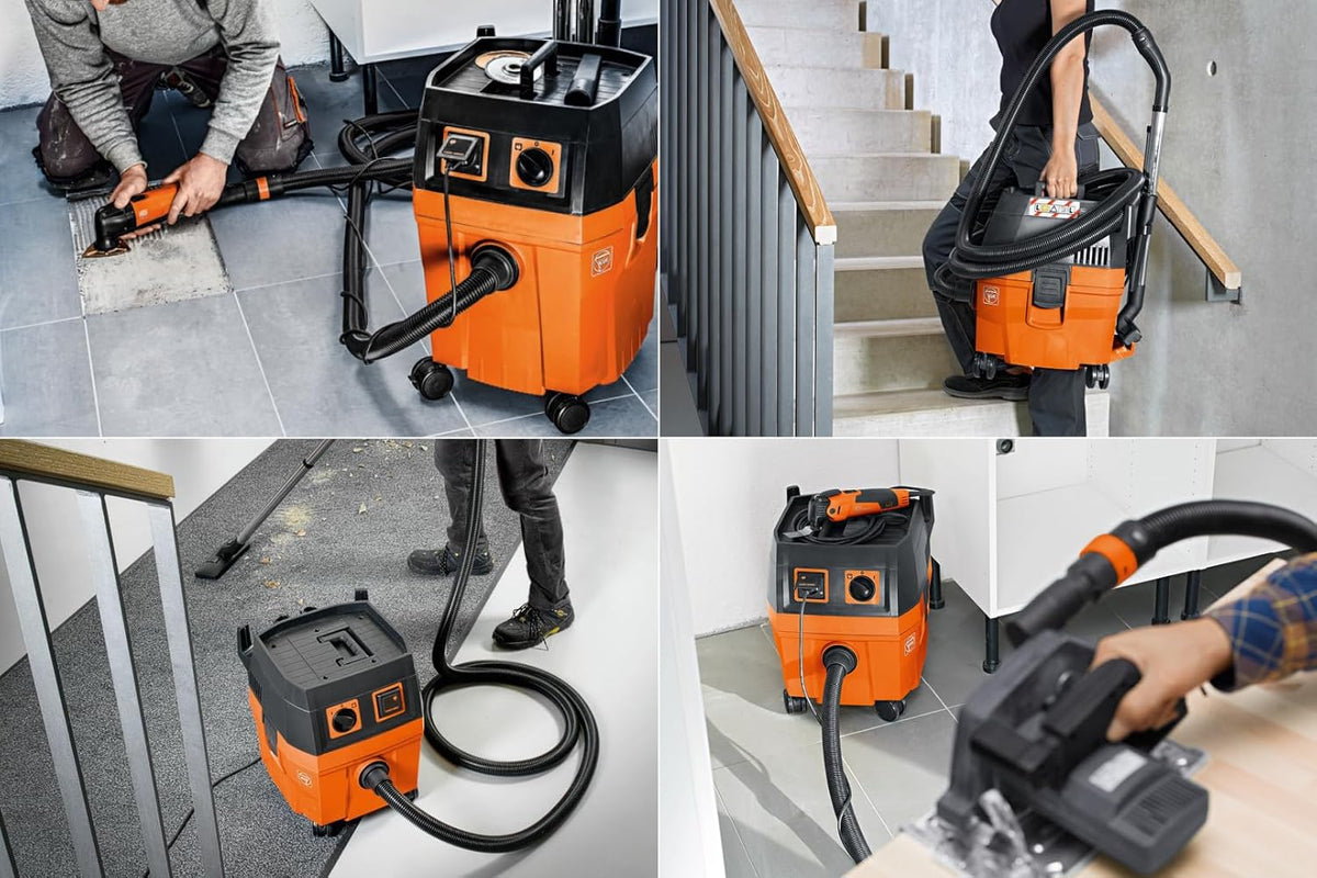 FEIN Dustex 35 l, krachtige nat-/droogzuiger voor de aansluiting van elektrisch gereedschap in de werkplaats en bij de montage.