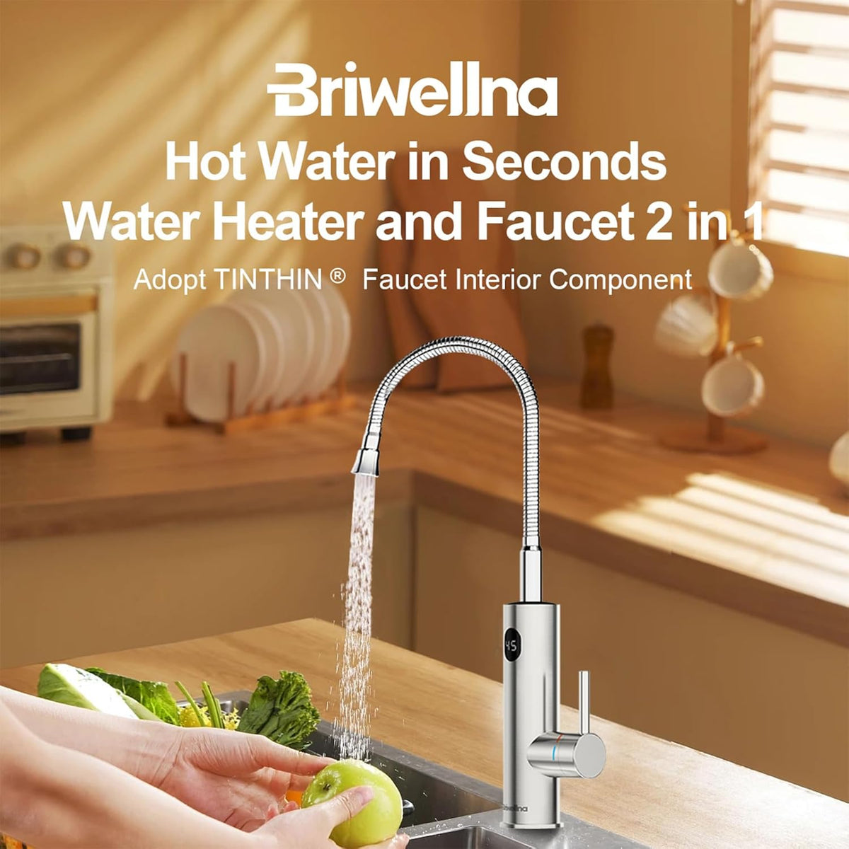 Roestvrij stalen elektrische kraan met digitaal display, 220 V kraan met doorstroomwarmte voor de keuken met universele uitloop, warmwaterkraan (zilver)