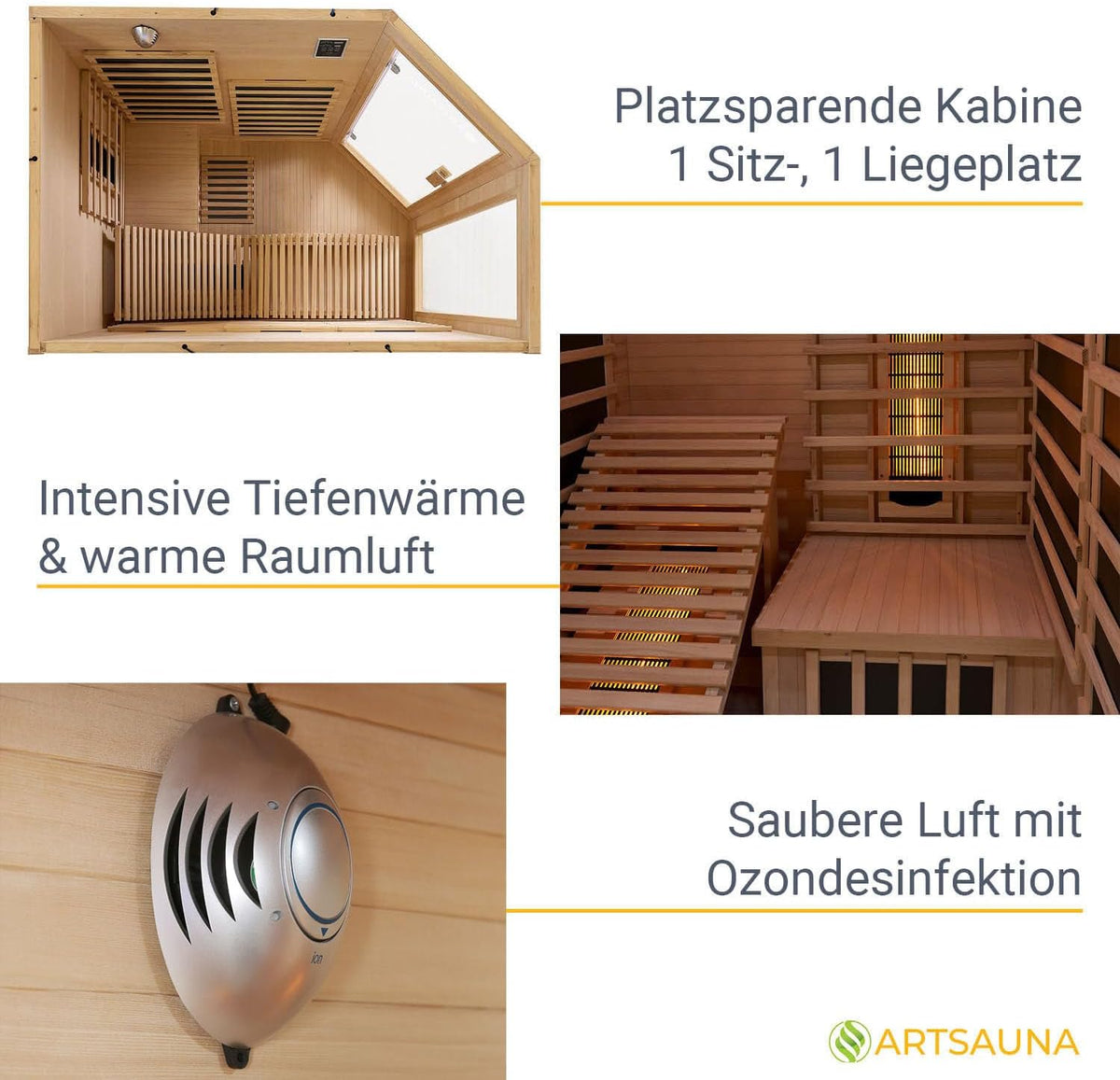 Artsauna Infrared Cabin with Triplex Heating System and Sun Lounger for 2 Persons, 130 x 190 cm, Infrared Heat Cabin - QUORE