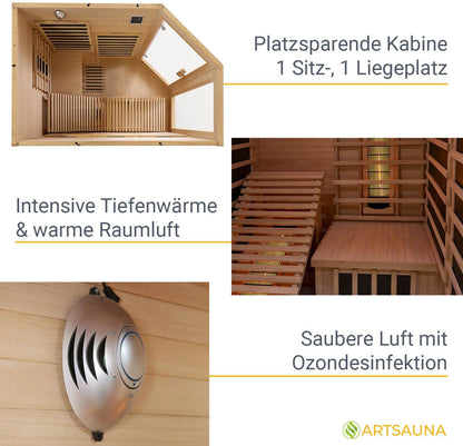 Artsauna Infrared Cabin with Triplex Heating System and Sun Lounger for 2 Persons, 130 x 190 cm, Infrared Heat Cabin - QUORE