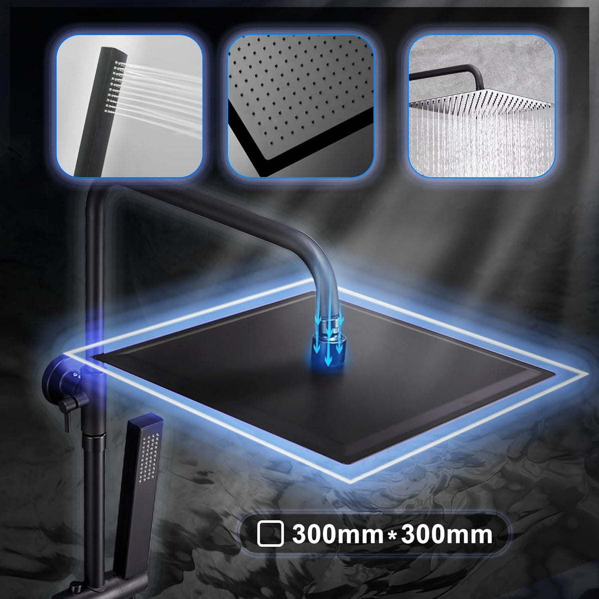Douchesysteem – Regendouche – Doucheset – Douchekolom – Handdouche – Mat Zwart – Roestvrij Staal – Verstelbare Hoogte 74-114 cm – Grote 30x30 cm Ultra-Dunne Douchekop