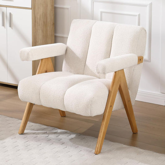 Fauteuil – Zetel – Relaxstoel – Lounge Chair – Armstoel – Chenille Bekleding – Massief Houten Poten – Havermoutkleur – Comfortabele Zitting – Modern Design - QUORE