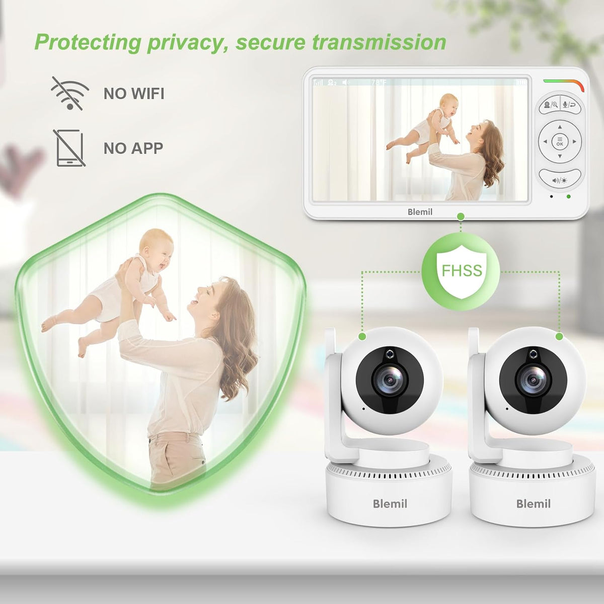Blemil Babyfoon, Video Babyfoon met 2 Camera's en Audio, 6 IPS Grote Split Screen Remote Pan/Tilt/Zoom Babyfoon, Videomonitorcamera's met helder nachtzicht en 30 uur batterij Levensduur