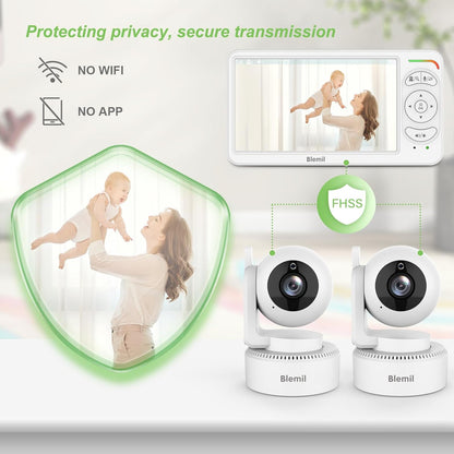 Blemil Babyfoon, Video Babyfoon met 2 Camera's en Audio, 6 IPS Grote Split Screen Remote Pan/Tilt/Zoom Babyfoon, Videomonitorcamera's met helder nachtzicht en 30 uur batterij Levensduur