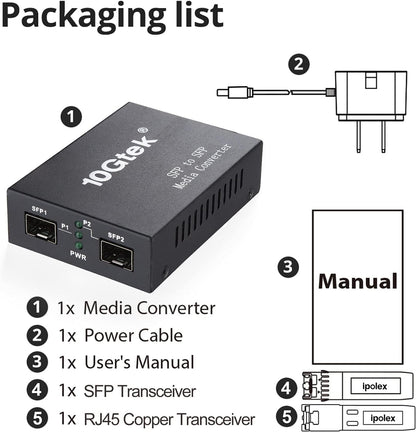 ipolex 10G Ethernet media converter, 10G Dual SFP+ poort, glasvezel media converter verpakt met een 10GBase-T transceiver (30m@CAT.6aCAT.7) en een 10GBase-LR module (1310-nm, 10km@OS1OS2SMF)