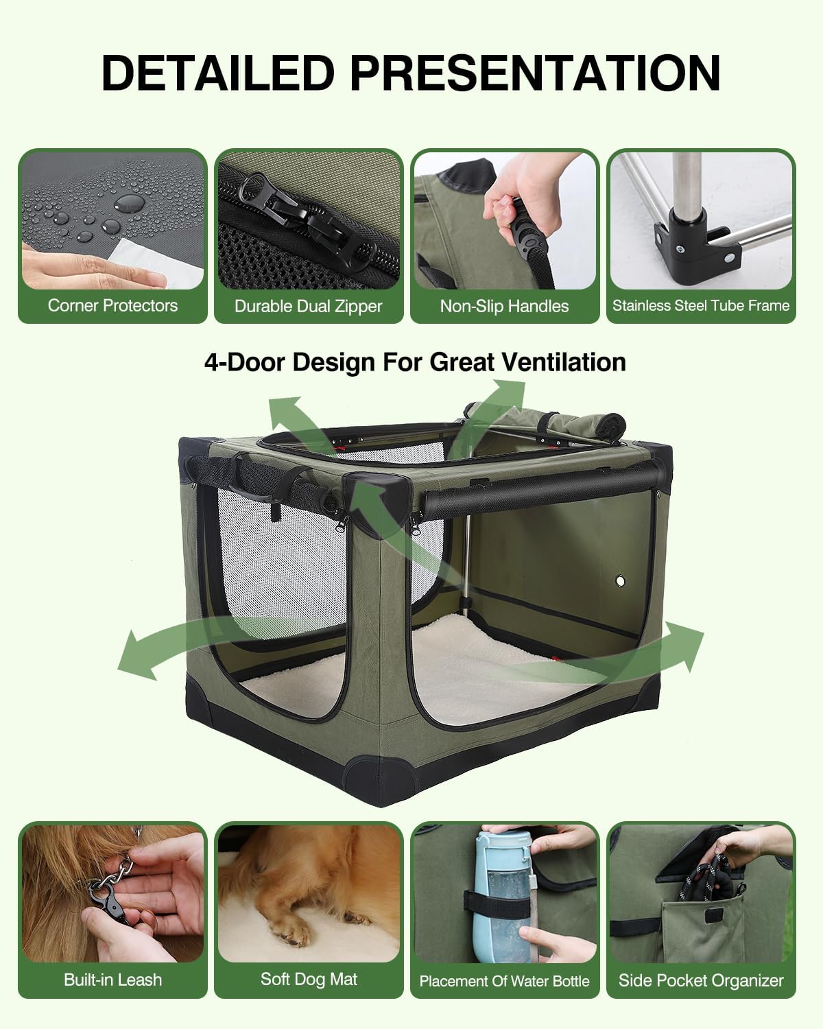 Opvouwbare reishondenbench van 42 inch voor middelgrote en grote honden, draagbare hondenkrat 4-deurs opvouwbare zachte kennel met kauwbestendige gaasramen voor reizen binnen en buiten, met opbergtas