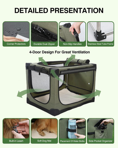 Opvouwbare reishondenbench van 42 inch voor middelgrote en grote honden, draagbare hondenkrat 4-deurs opvouwbare zachte kennel met kauwbestendige gaasramen voor reizen binnen en buiten, met opbergtas