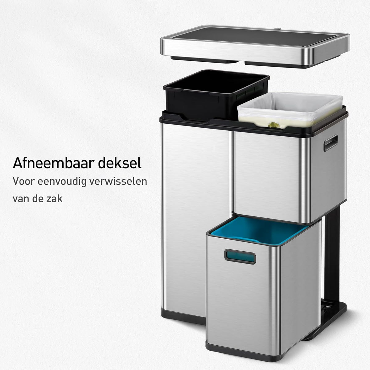 Afvalbak met Sensor – Prullenbak – Vuilnisbak – Afvalemmer – Recyclebak – 60 Liter 3-Vaks – Roestvrij Staal – Automatisch Openende Soft-Close Deksel
