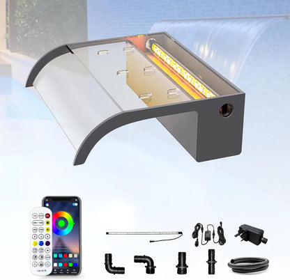 LONGRUN 30cm Vijver Waterval Blade Kit, Acryl Gebogen Waterval Functie Spillway, Outdoor Zwembad Fontein met 7 Kleuren Bluetooth LED Verlichting en Afstandsbediening, Breedte 26cm