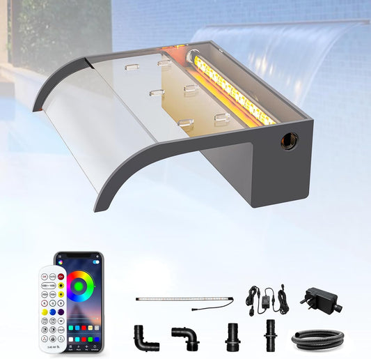 LONGRUN 30cm Vijver Waterval Blade Kit, Acryl Gebogen Waterval Functie Spillway, Outdoor Zwembad Fontein met 7 Kleuren Bluetooth LED Verlichting en Afstandsbediening, Breedte 26cm