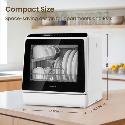 HAVA Tabletop dishwasher, mini dishwasher with 6 programs and built-in 5 litre water tank, no connection required, baby supplies and air drying function for homes and motorhomes