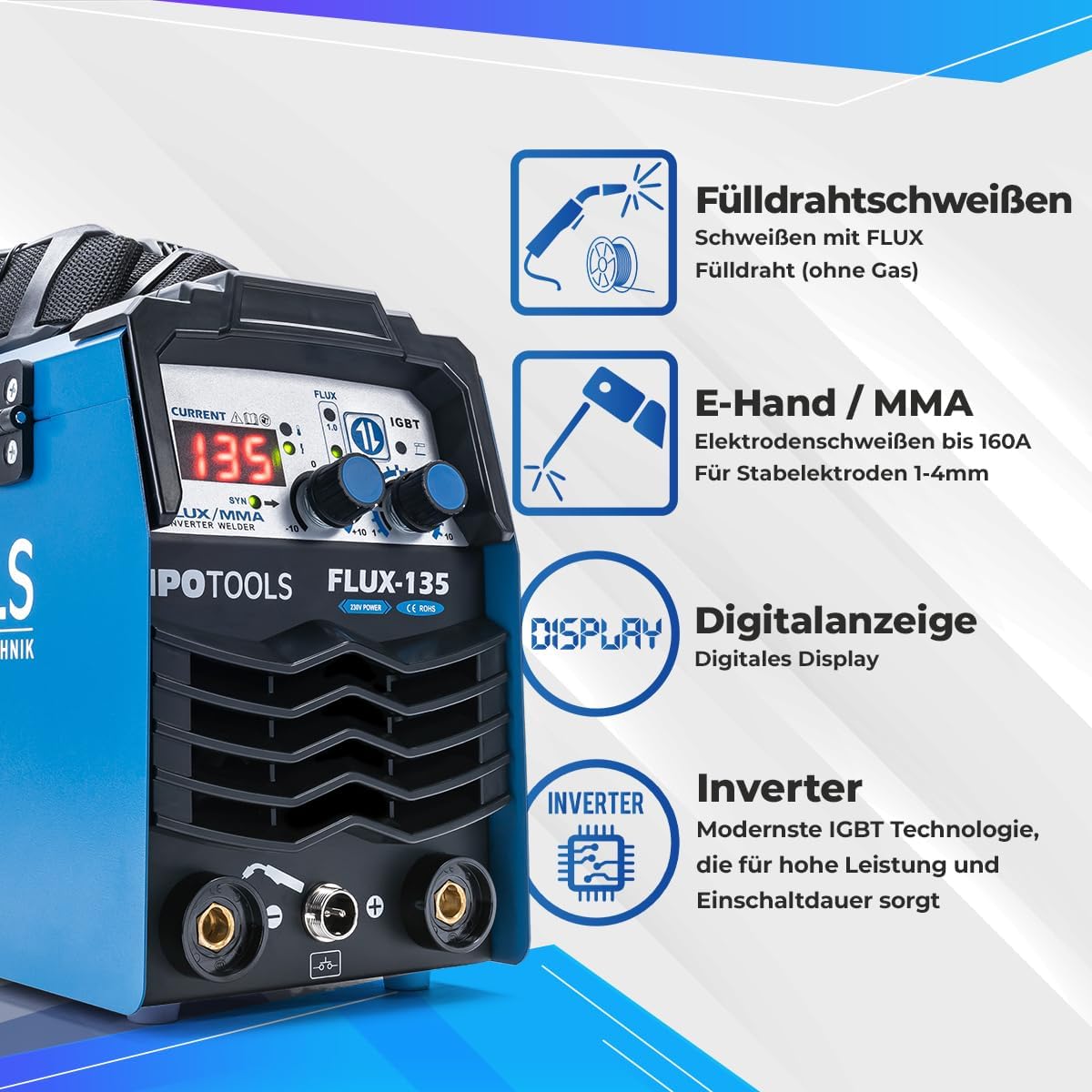 IPOTOOLS FLUX-135 vuldraad lasapparaat zonder gas 135A – 3-in-1 FLUX/ARC/MMA Inverter lasapparaat met synergische draadopvoer, IGBT, 230V, compact & draagbaar – 7 jaar garantie