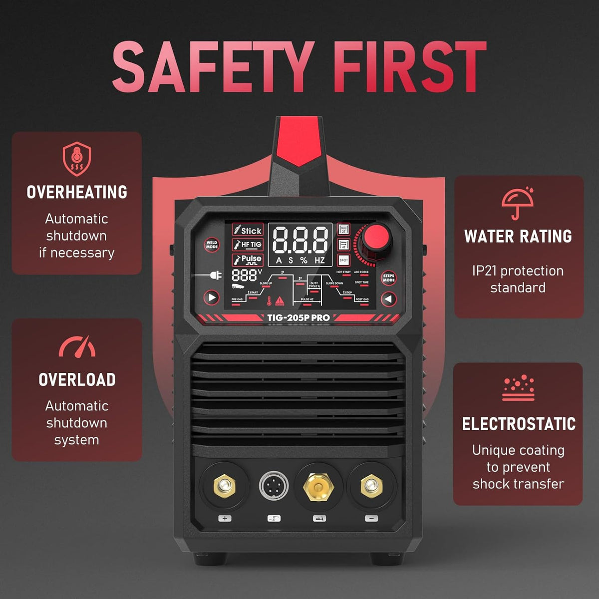 YESWELDER TIG Lasser met Puls 200Amp Groot LED Display, STICK/DC TIG/PULSE TIG 3 in 1 Lasser, HF-boogontsteking, Boogkracht, Hete start, Anti-vastplakken
