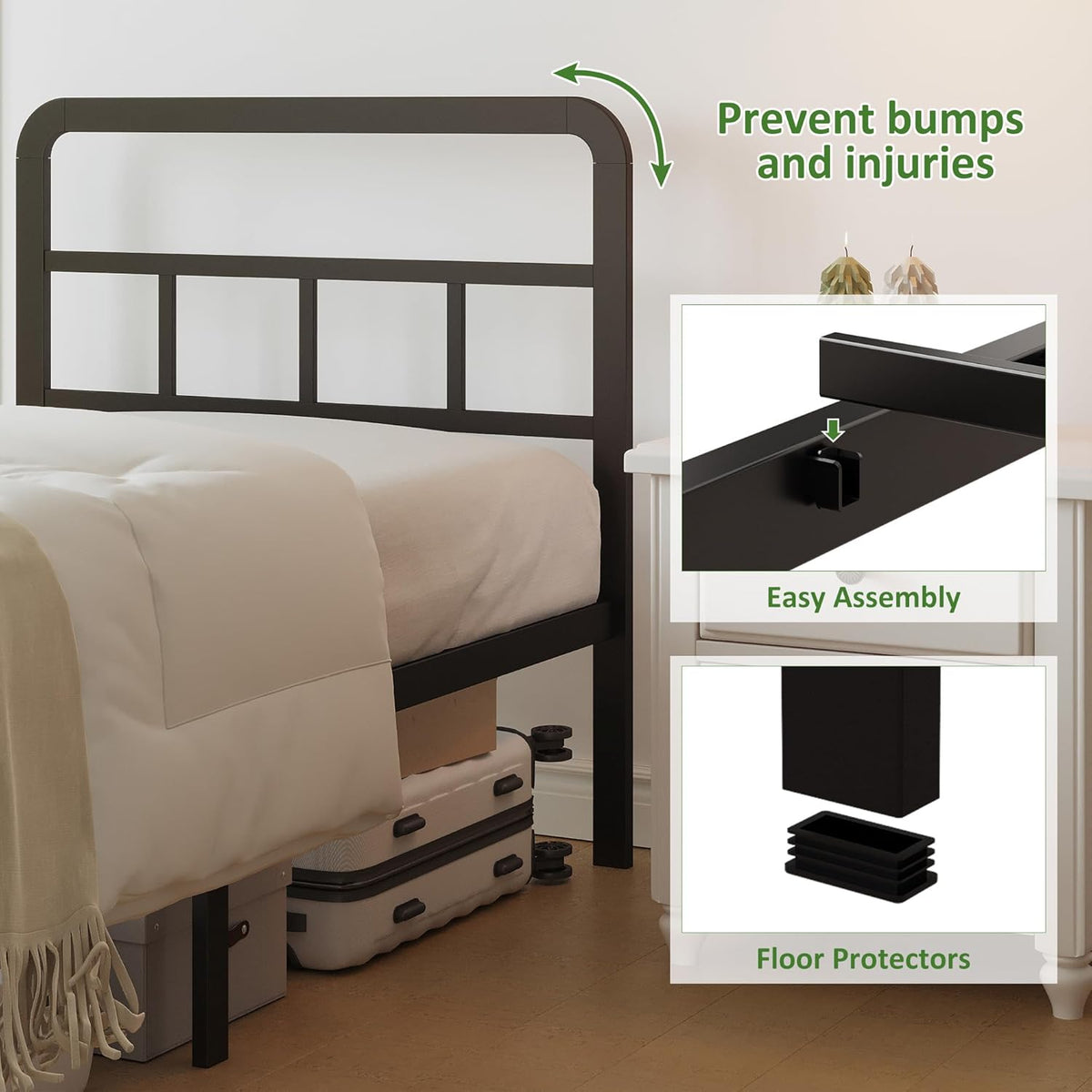 Lutown-Teen Metalen Bed Frame 135 x 190 cm met Gebogen Hoofdbord, Hoogte 36cm, Bedframe 135x190 met Lattenbodem Van Metaal, Opbergruimte onder het bed, Eenvoudige Montage, Zwart