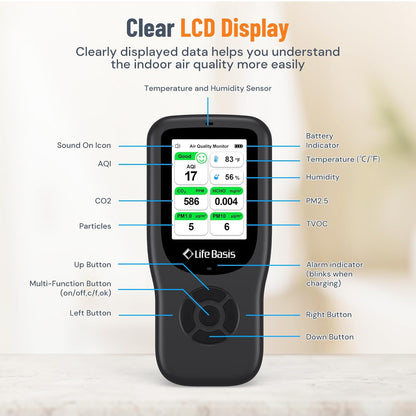 LifeBasis 10-in-1 luchtkwaliteitsdetector, formaldehyde-detector, AQI-vervuilingsmonitor met temperatuur en luchtvochtigheid, voor het testen van PM2.5/PM10/HCHO/TVOC/CO2, USB-opladen, voor thuis en