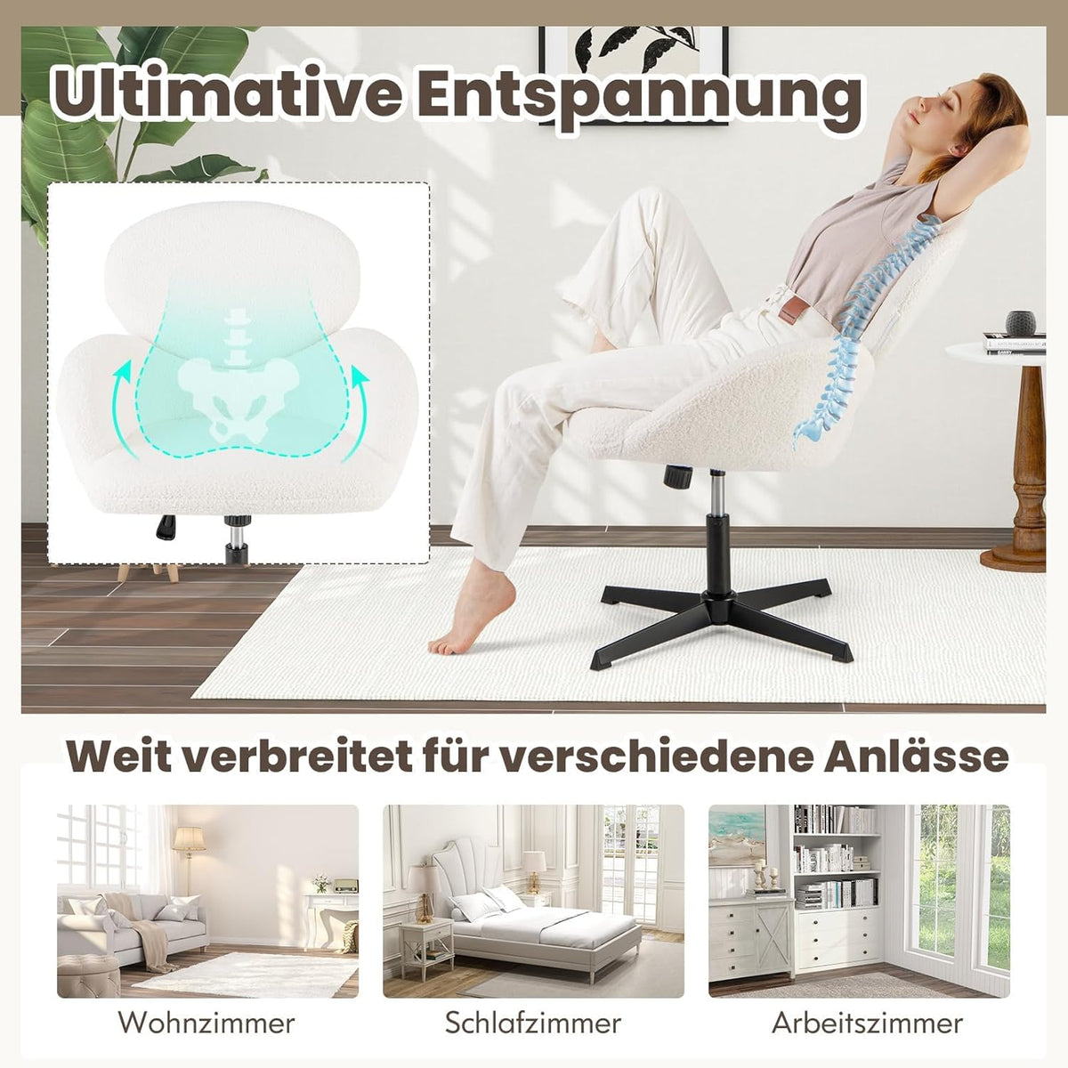 FANTASK Bureaustoel, draaibare bureaustoel, in hoogte verstelbaar, met kantelfunctie, robuuste metalen basis, computerstoel, draaistoel voor thuiskantoor, slaapkamer, wit