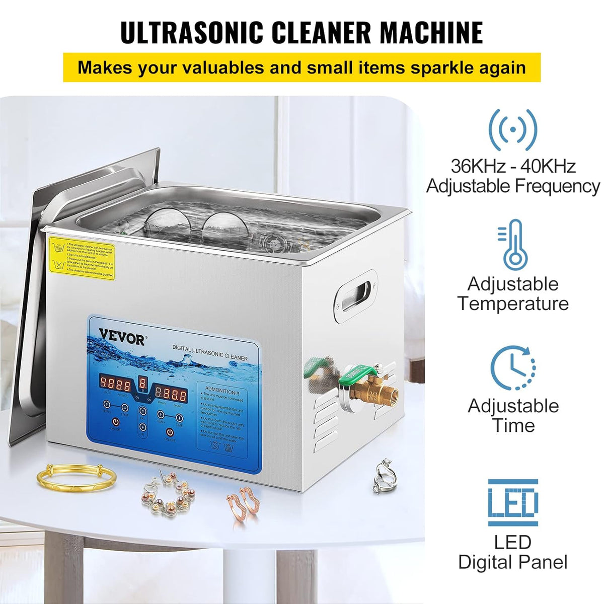 VEVOR 15 l ultrasone reiniger, 35,5 x 32,5 x 28,5 cm, ultrasone wasmachine met deksel en mand, geschikt voor sieraden, brillen, horloges, printplaten, tandapparaten enz.