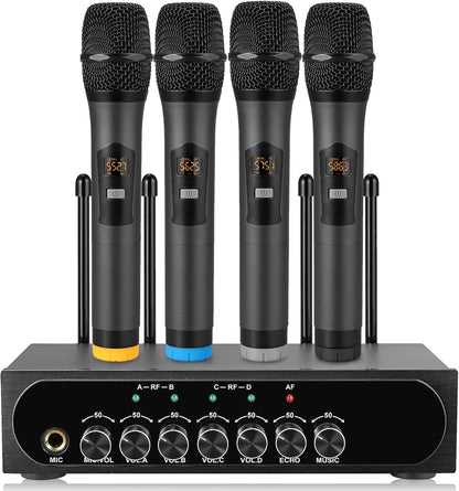 LinKFOR 4-kanaals UHF-microfoonsysteem met 4 draadloze handmicrofoons, 50 x 4 kanalen selecteerbare frequentie, echo, Bluetooth, AUX, ideaal voor DJ, zang, kerk, bruiloften