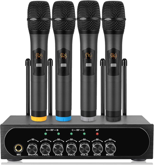 LinKFOR 4-kanaals UHF-microfoonsysteem met 4 draadloze handmicrofoons, 50 x 4 kanalen selecteerbare frequentie, echo, Bluetooth, AUX, ideaal voor DJ, zang, kerk, bruiloften