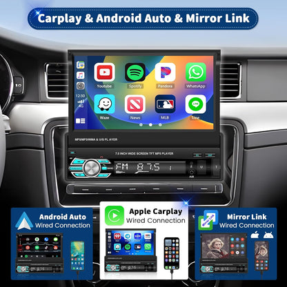 Hikity 1 DIN autoradio Bluetooth met CarPlay en Android-auto, 7 Inch Handmatig Uitschuifbaar Display, Touchscreen Autoradio met achteruitrijcamera, BT, FM, USB, TFM, AUX, Mirror Link
