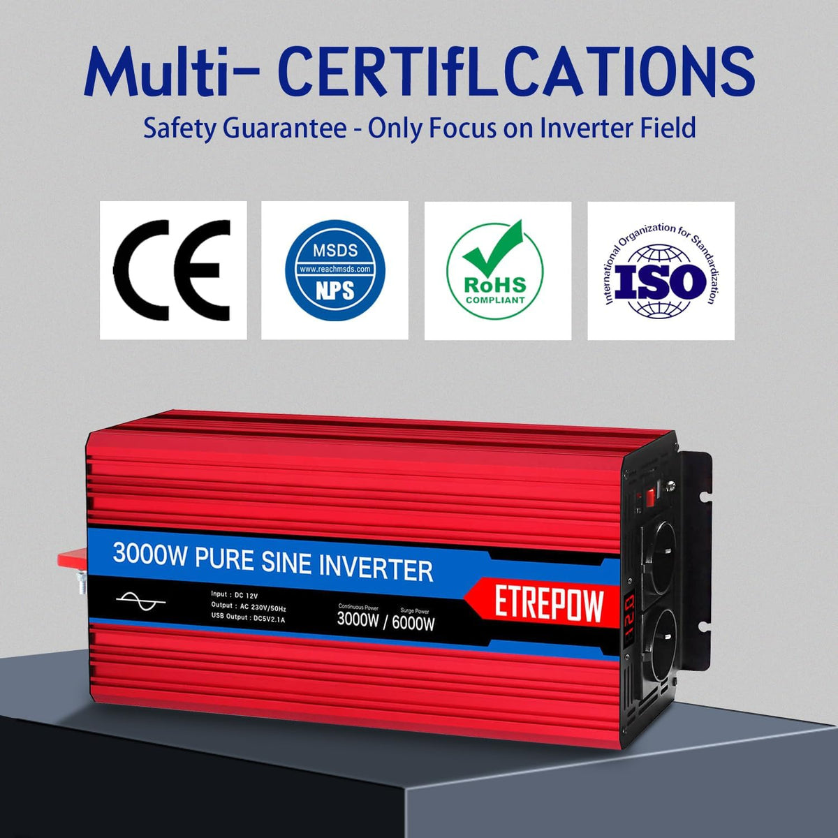<font dir="auto" style="vertical-align: inherit;"><font dir="auto" style="vertical-align: inherit;">        3000W/6000W Pure Sine Wave Power Inverter 12V 230V with 2 EU Plug and 1 USB Port, Wireless Remote Control        </font></font>
