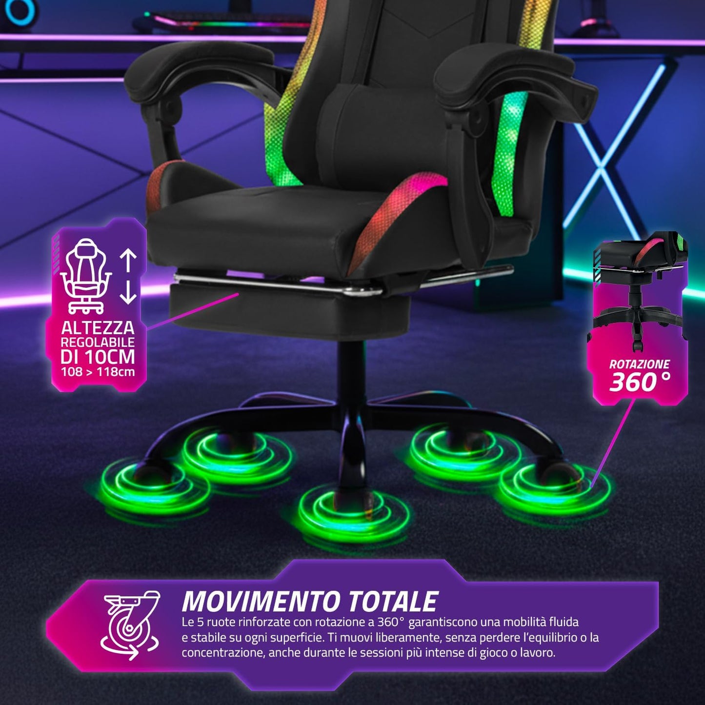Wintem Gamingstoel met uittrekbare voetensteun, dubbel kussen en RGB-USB-ledlampjes voor absoluut comfort en futuristisch design, ideaal voor gaming, studio en kantoor