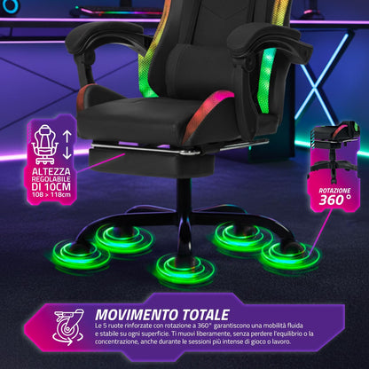 Wintem Gamingstoel met uittrekbare voetensteun, dubbel kussen en RGB-USB-ledlampjes voor absoluut comfort en futuristisch design, ideaal voor gaming, studio en kantoor