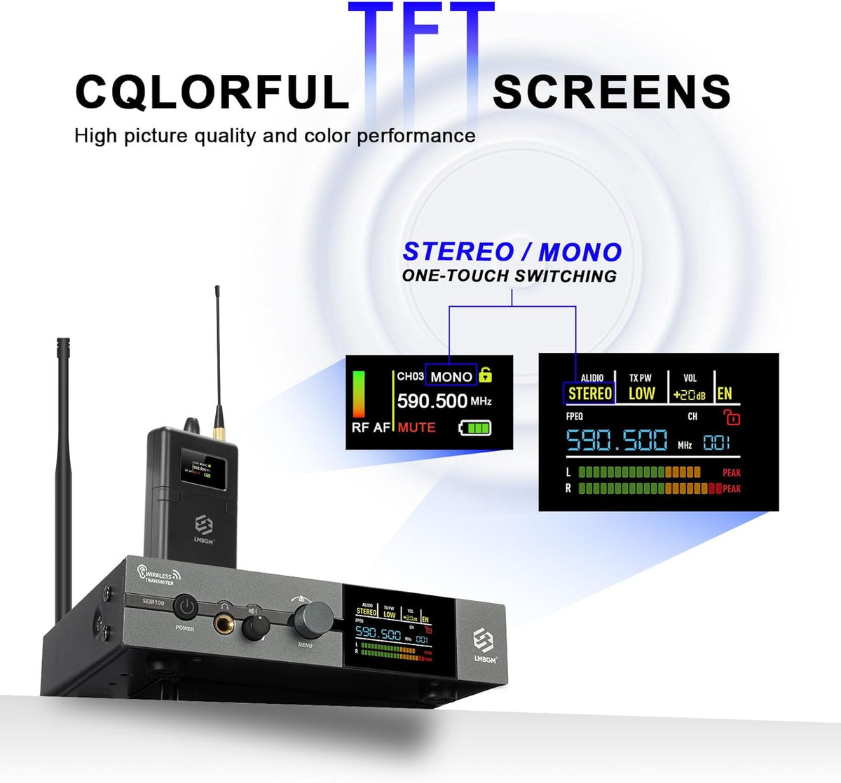 Draadloos in-ear monitorsysteem – IEM-systeem – In-ear monitor – Draadloze monitor – Podiummonitor – 1-Kanaals Set – Mono en stereomodus – UHF 550-580 MHz met 16 instelbare frequenties