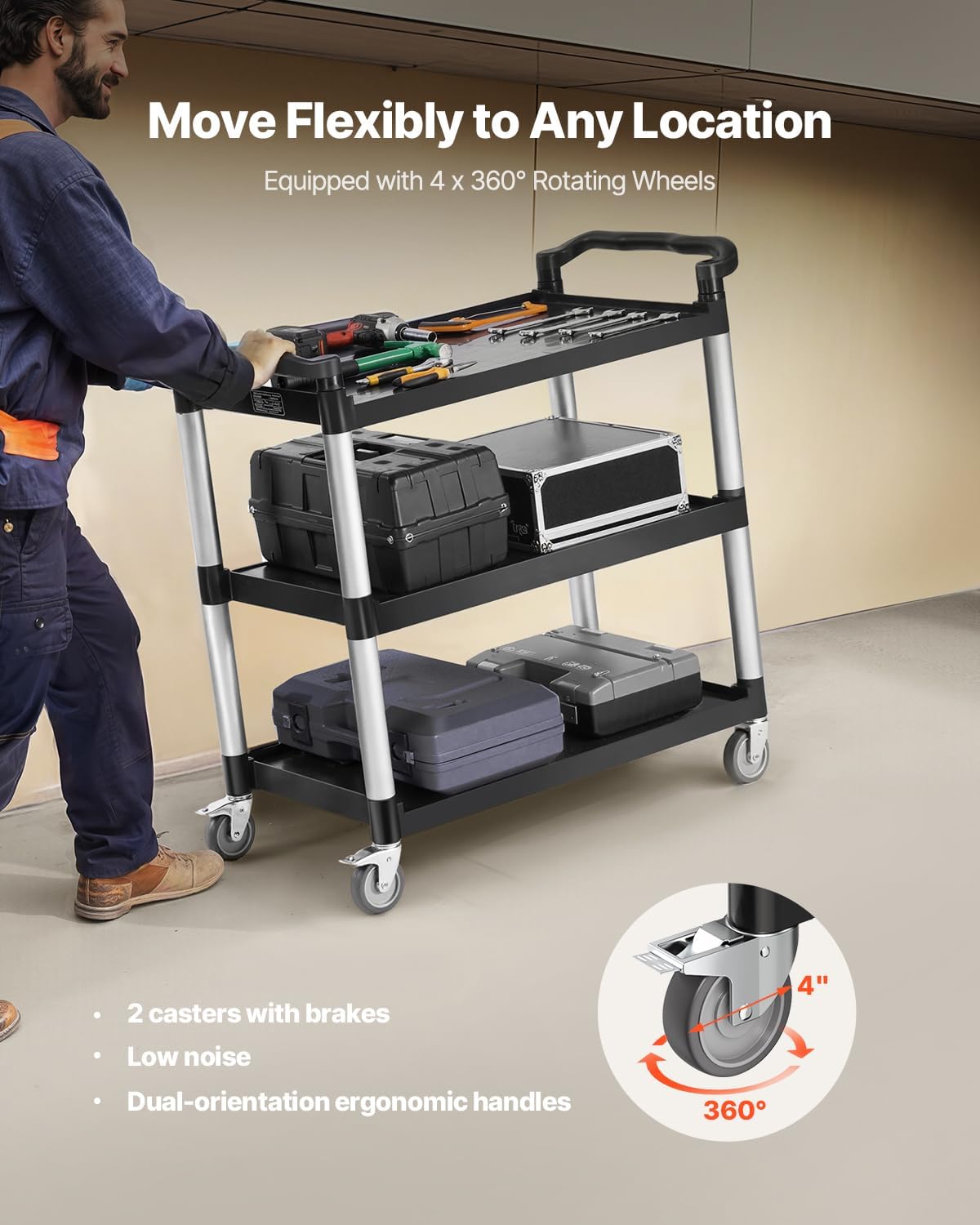 Rolkar 3-Laags – Servicewagen – Serveerwagen – Keukenkar – Transportkar – Kunststof Met Aluminium Frame – 360° Draaibare Wielen Met 2 Remmen
