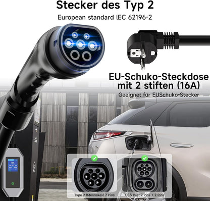 Oplaadkabel Elektrische Auto – EV Oplader – Type 2 Kabel – Schuko Laadkabel – Draagbare Autolader – 6 Meter – 3,68 kW 1-Fasig – Instelbare Stroom 6-16A – Vertraagd Opladen 1-15 Uur