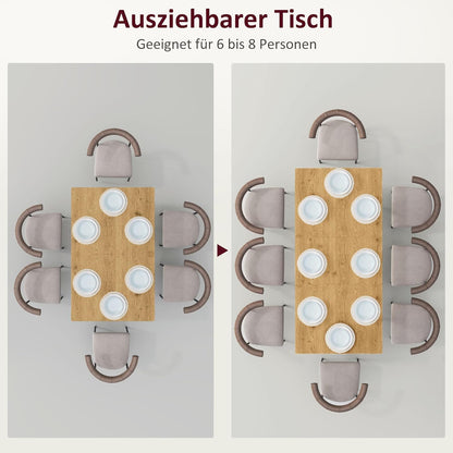 HOMCOM Esstisch ausziehbar 120/160 x 75 cm Küchentisch für 6-8 Persen, moderner Esszimmertisch mit Stahlbeine, Natur - QUORE