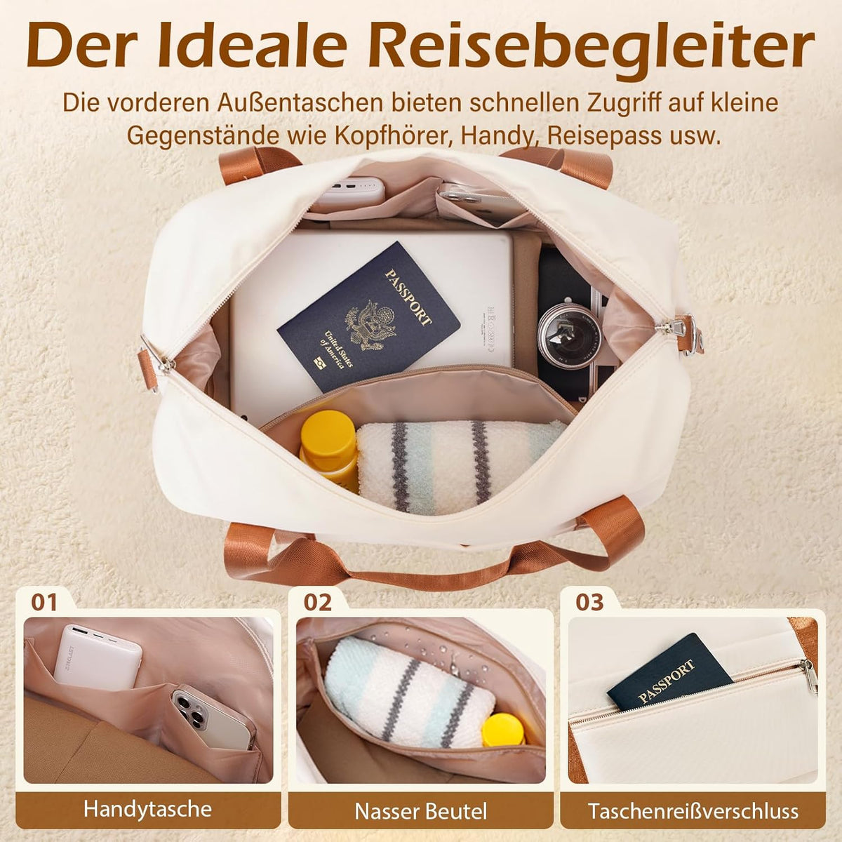 COOLIFE Kofferset, trolley, koffer, ABS, harde schaal, reiskoffer, 4 wielen, TSA-slot, intrekbare trolley, de koffer bevat 1 reistas en 1 toilettas, wit/bruin., Handgepäck-Set 3tlg