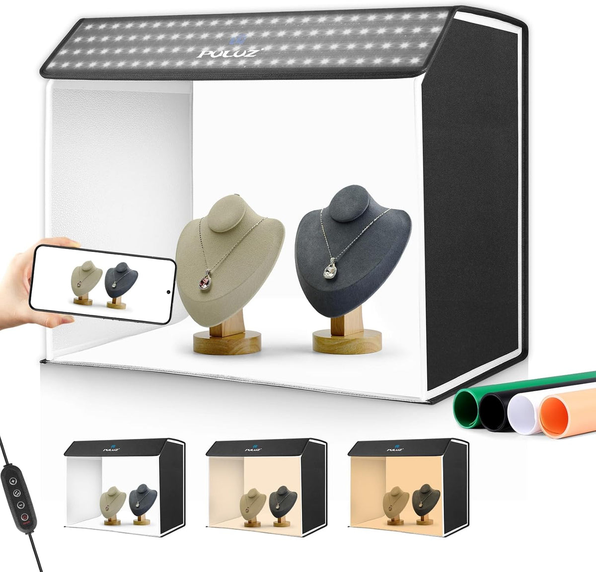 PULUZ Fotostudio-lichtbox, 60 x 40 cm, draagbare fotografie-studio-tentset met 4 kleurachtergronden, 3 lichtmodi + 10 helderheidsniveaus