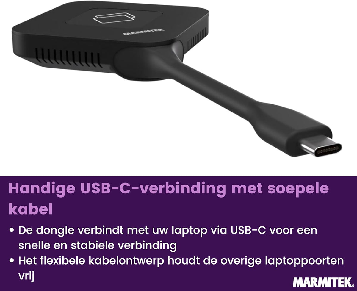 Draadloos 4K HDMI presentatiesysteem Marmitek Stream 4K Pro KIT 2TX/1RX - 2 USB-C dongles voor one-click schermdelen - split screen, touchback, PoE, dual HDMI - BYOD vergaderruimte