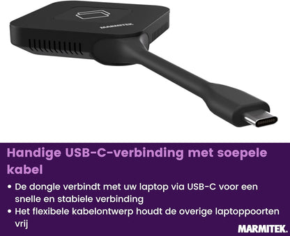 Draadloos 4K HDMI presentatiesysteem Marmitek Stream 4K Pro KIT 2TX/1RX - 2 USB-C dongles voor one-click schermdelen - split screen, touchback, PoE, dual HDMI - BYOD vergaderruimte