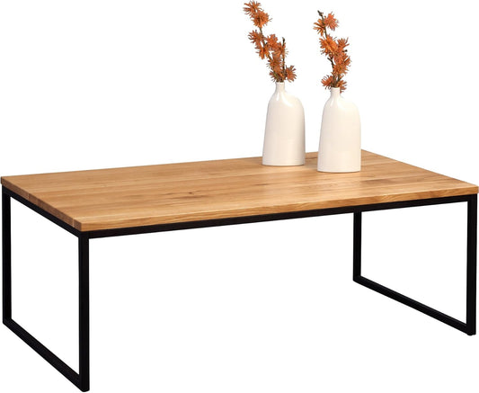 HomeTrends4You Sira 2 Salontafel, Wildeiken Massief Geolied Hout, Zwart Metaal Frame, 110 x 60 cm, Hoogte 43 cm