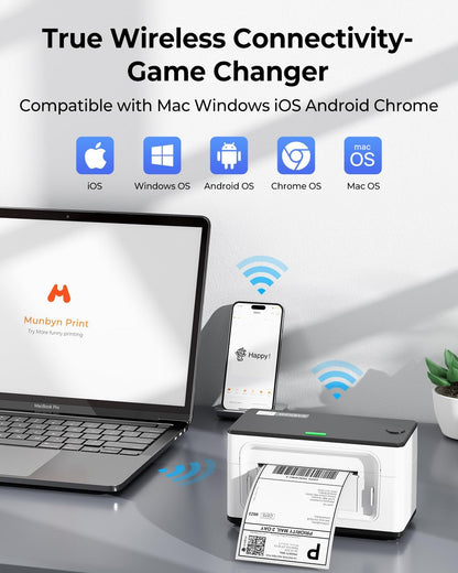 MUNBYN Draadloze Thermische Printer, WiFi-verzendlabelprinter Compatibel met iPhone iPad macOS Android Windows Chromebook Etsy Ebay USPS voor thuisgebruik door kleine bedrijven, 941 AirPrint