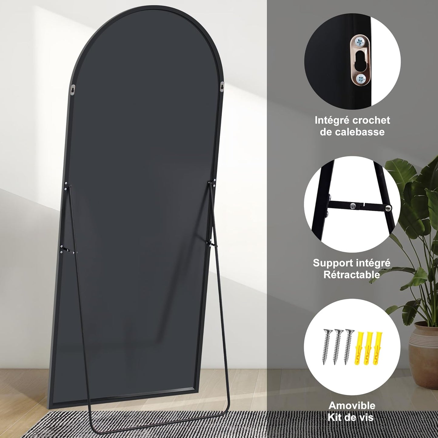 Staande Spiegel – Boogspiegel – Full Body Spiegel – Vloerspiegel – Wandspiegel – 179 x 65 cm – Aluminium Frame – Explosiebestendig Glas