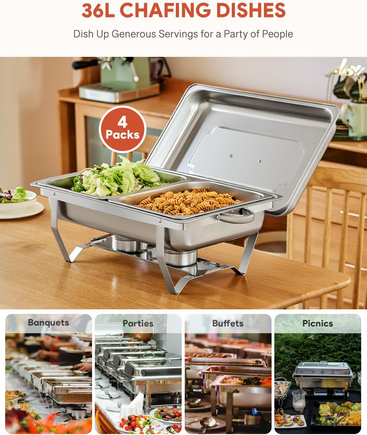 Wilprep Verdeelbakken chafing dish set van 2 bakken GN 1/2 RVS, 4 stuks 9L buffetwarmers met 8 halve maat bakken, brandpasta houders, 4 deksel opvouwbare frames, voor feesten buffetten diners