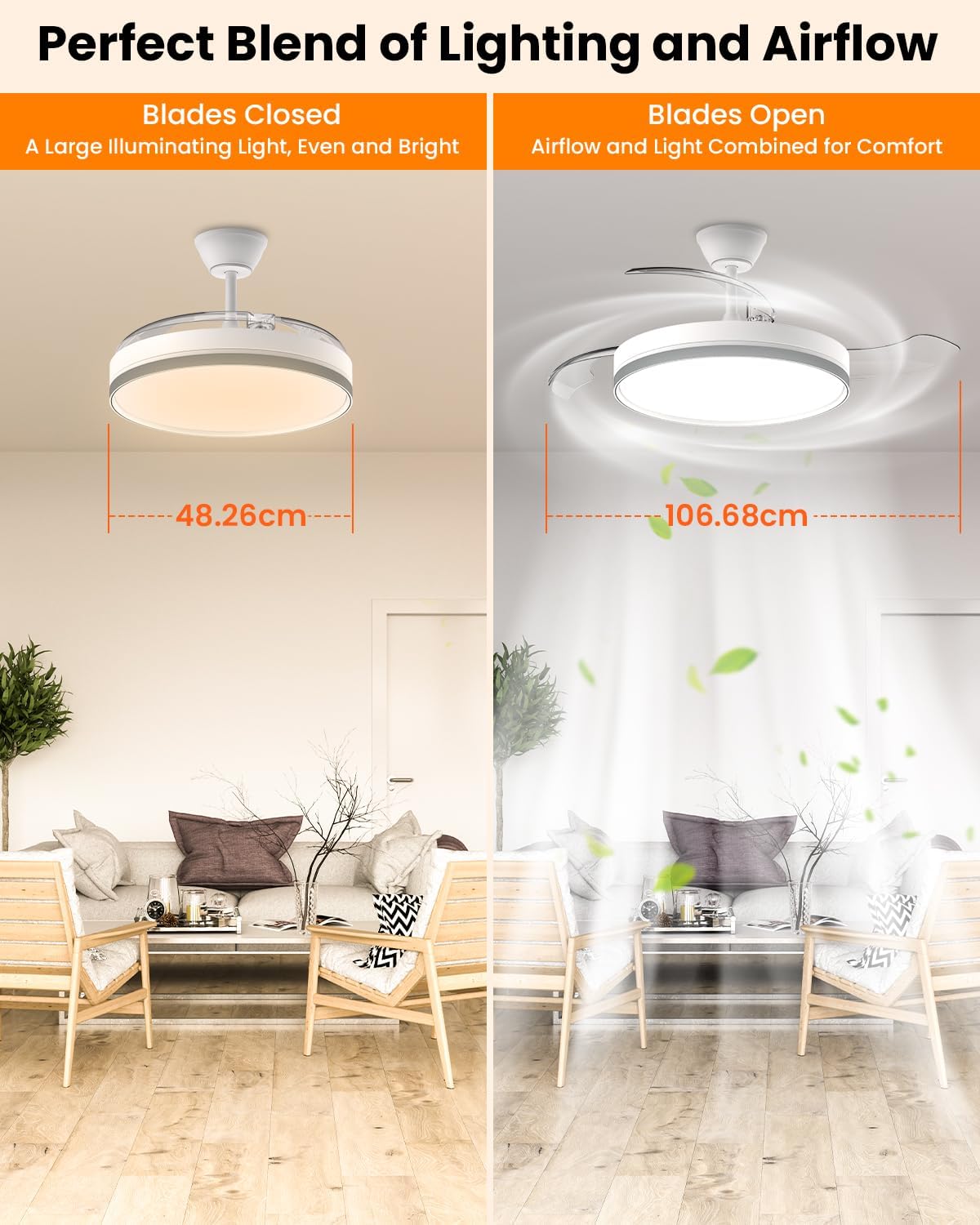 Airwit Intrekbare plafondventilator met verlichting en afstandsbediening, lamp met 3 kleurtemperaturen, stille plafondventilator met licht, DC-motor voor woonkamer, slaapkamer