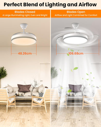 Airwit Intrekbare plafondventilator met verlichting en afstandsbediening, lamp met 3 kleurtemperaturen, stille plafondventilator met licht, DC-motor voor woonkamer, slaapkamer