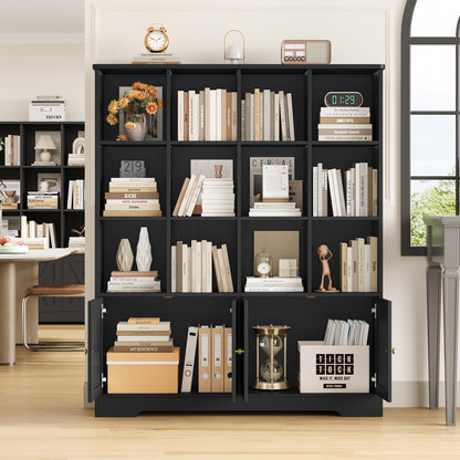 Hoge Boekenkast – Boekenkast Met Deuren – Opbergkast – Vitrinekast – Kast Voor Woonkamer – Zwart – 12 Compartimenten – Ruimtebesparend Verticaal Design