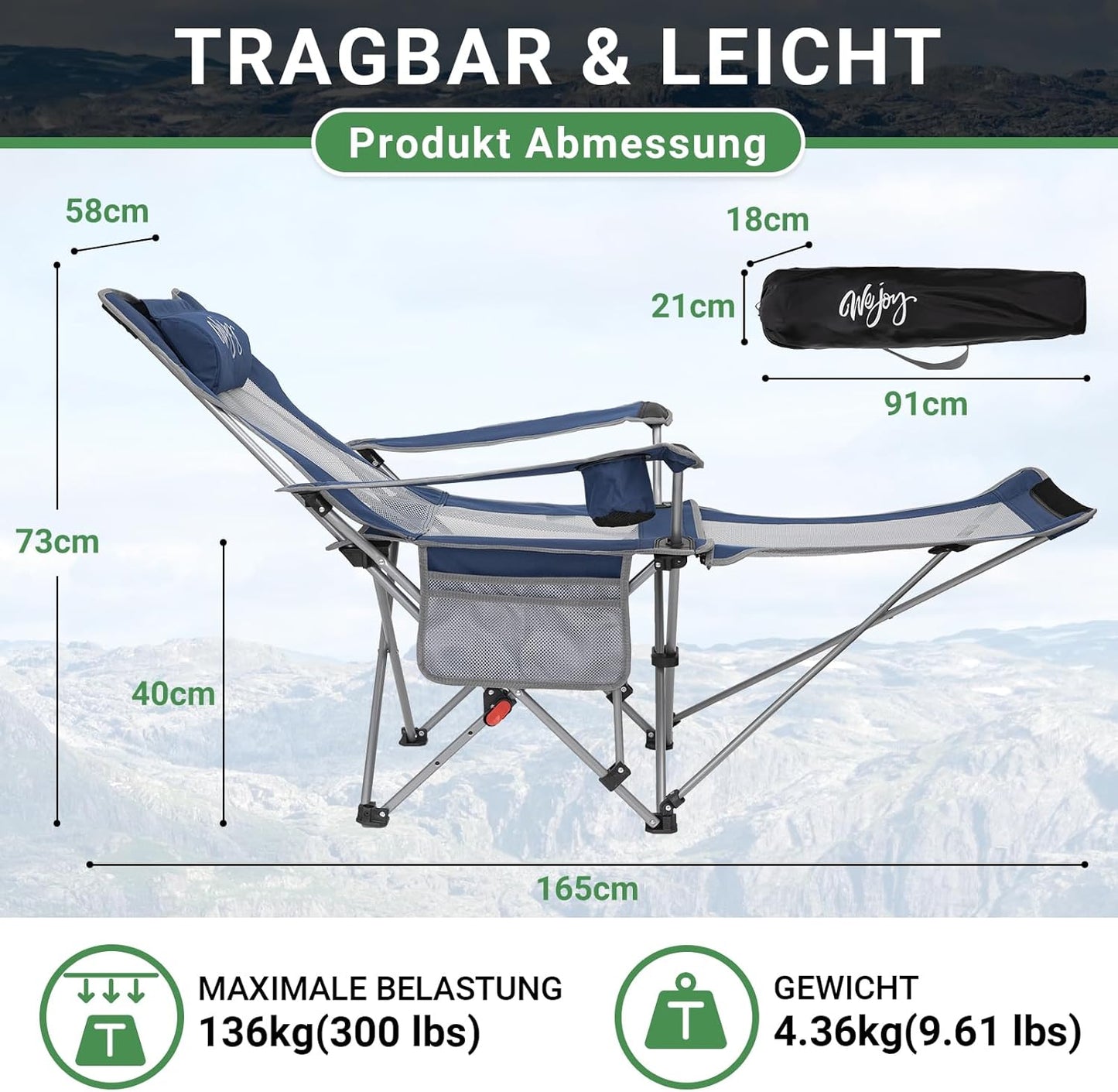 #WEJOY 2-in-1 campingstoel, opvouwbaar, strandstoel met verstelbare rugleuning en voetensteun, relaxstoel, ligstoel met bekerhouder, ligstoel voor outdoor camping